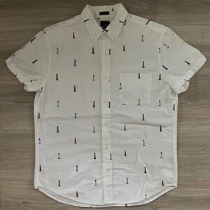 White Short Sleeve Men's Shirt with lighthouse Pattern